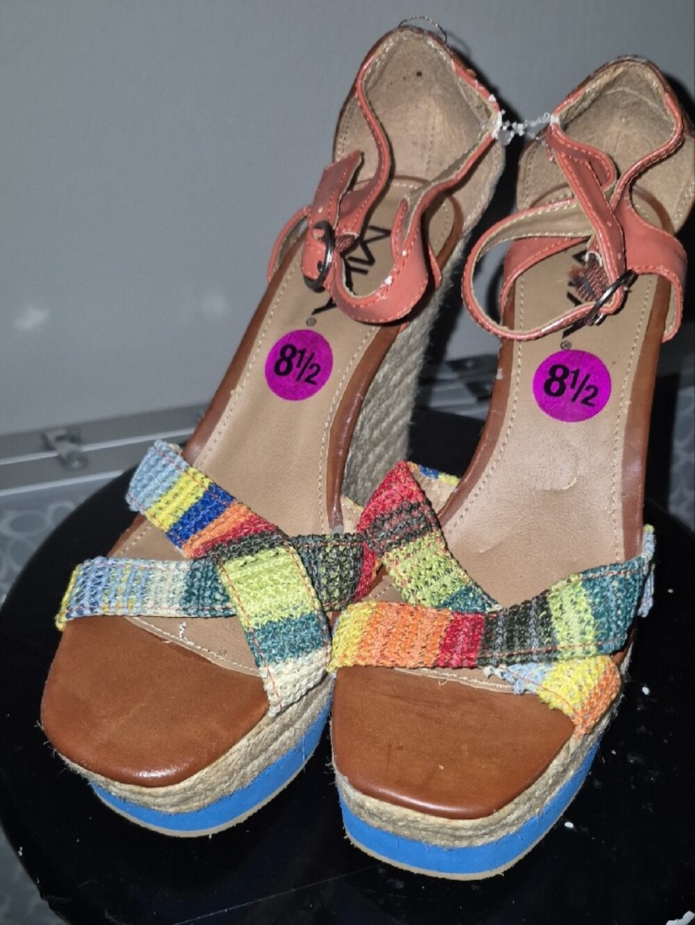 MIA Multicolor Woven Front Wedge Sandals with Orange Ankle Strap